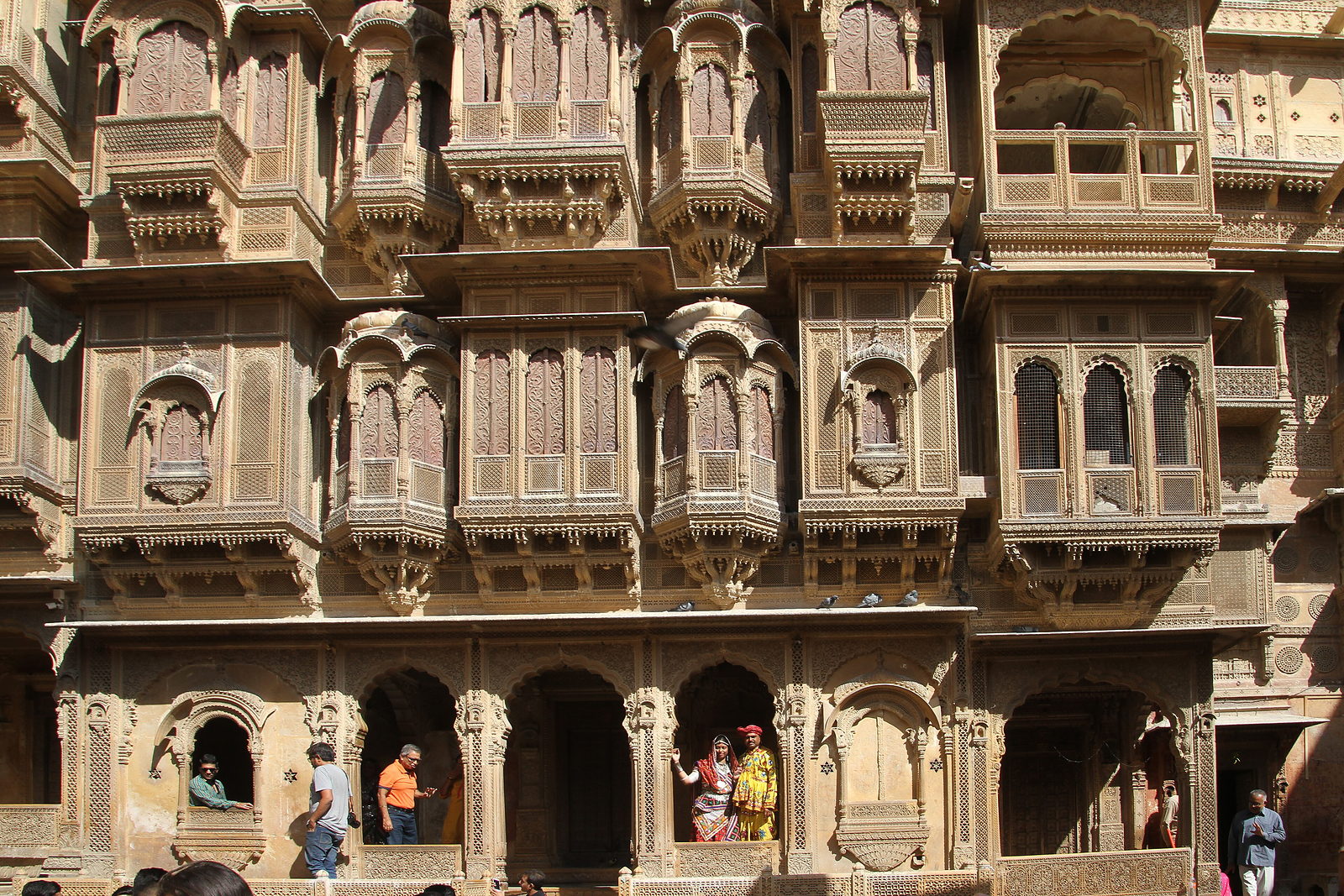 Carved sandstone balconies of Patwon Ki Haveli in Jaisalmer