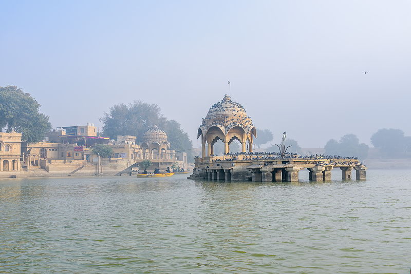 Gadisar Lake pavilion in the haze of early morning